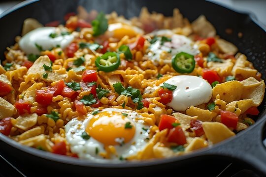 tex-mex migas in a sillet with tortilla chips, eggs, cheese, jalapeno, and tomatoes