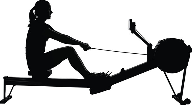 Silhouette of woman exercising on rowing machine, isolated fitness workout concept