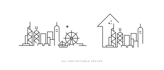 Naklejka premium Hong Kong Skyline Line Art Vector. China City Outline Icon. Star Ferry, Up Arrow Real Estate Growth and Ferris Wheel Vector Illustration
