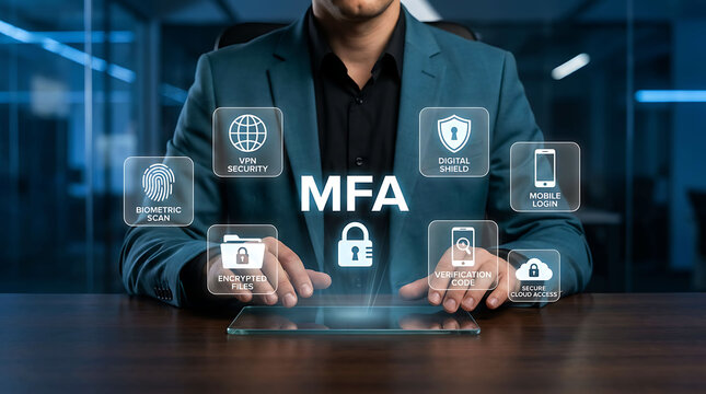 Businessman using glass tablet interface for MFA multi factor authentication