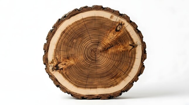Tree stump cross section displayed on white surface