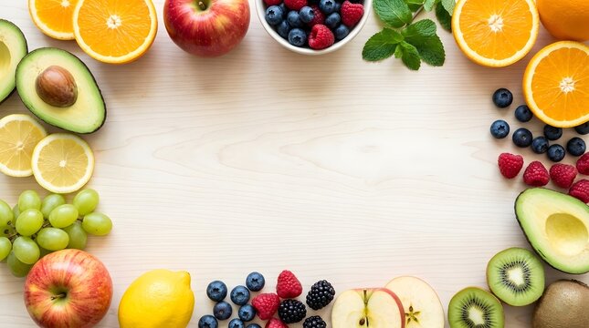 Assorted fresh fruits arranged in frame on wooden surface