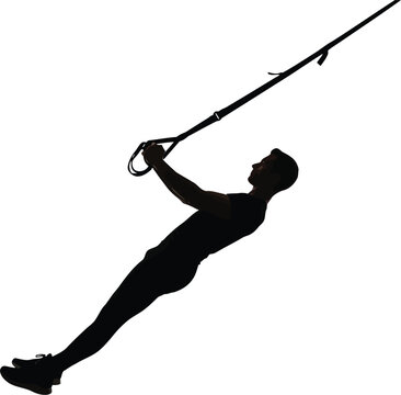 Silhouette of athletic man performing hanging pull up exercise isolated on white background