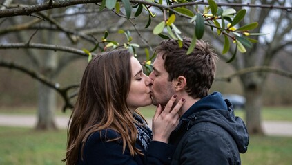 Fototapeta premium Young couple shares a tender moment with a kiss under a blossoming tree