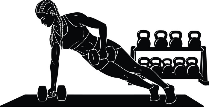 Female silhouette performing plank push-up with dumbbells, isolated fitness workout and strength training concept