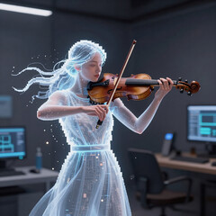 Fototapeta premium Pixel Art Violinist Blue. Design A Holographic Projection Of A Violinist Playing A Virtual, Energy-Flickering Instrument For Research On The Properties Of Particle Flux