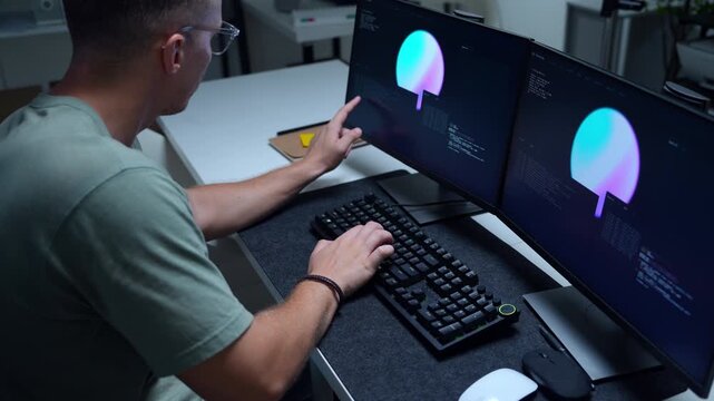 AI developers and technology professionals work at modern office computers, writing software code and analyzing data for artificial intelligence projects.