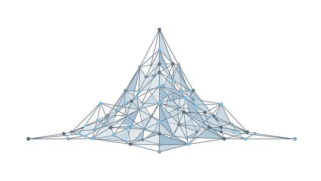 Dynamic abstract low-poly mountain structure, a digital network visualization with interconnected nodes and triangular facets, representing data and technology concepts.