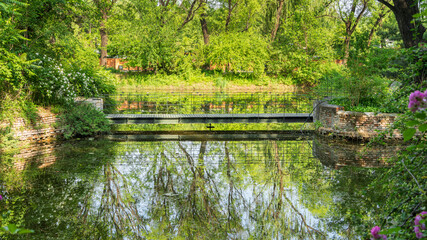 Fototapeta premium Summer green gardens, lakes, bridges, and ecological scenery