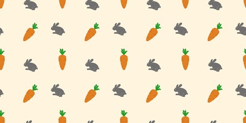 Fototapeta premium Seamless pattern with illustrated orange carrots and grey bunnies on a soft beige background. Perfect for playful stationery.