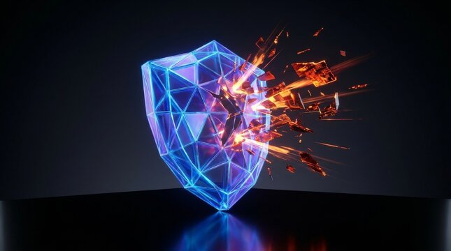 Shattering digital shield symbolizing data protection breakdown with protection security breakdown