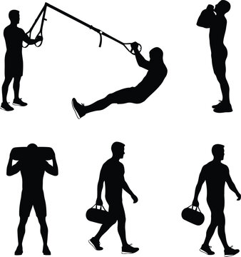 Silhouettes of people exercising with suspension trainer on white background, functional fitness set