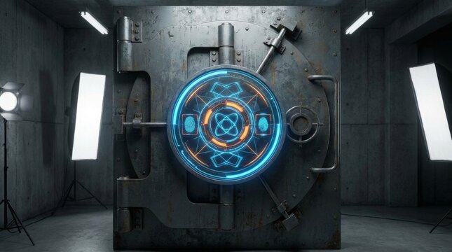 Massive futuristic vault door with glowing blue digital lock and complex data interface in a dark