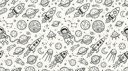 Obraz premium Seamless pattern of space exploration doodles with rockets planets astronauts outer space sci