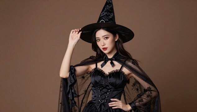Elegant witch poses holding her hat while wearing a beautiful black halloween costume
