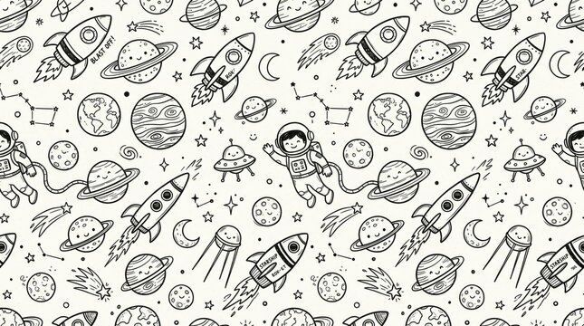 Seamless pattern of space exploration doodles with rockets planets astronauts outer space sci