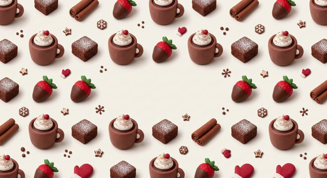 3D clay winter hot chocolate and chocolate brownie frame background, sweet valentine dessert border with copy space.