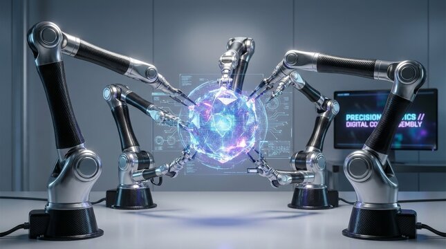 Multiple robotic arms collaborating around a glowing digital sphere in an advanced research lab