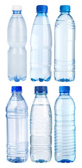 Naklejka premium A collection of six refreshing plastic water bottles, filled with clear pure liquid.