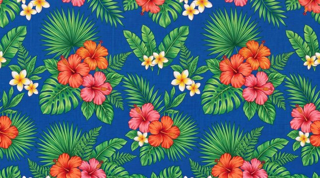 Seamless tropical pattern with hibiscus flowers and palm leaves on blue textured background