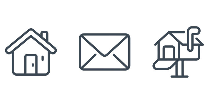 Minimalist contact icons set, dark blue outline house and envelope symbols, mailbox vector graphics for website navigation and UI design