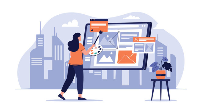 Creative web designer using a palette and brush to paint a modern website interface on a large digital screen against a city skyline.