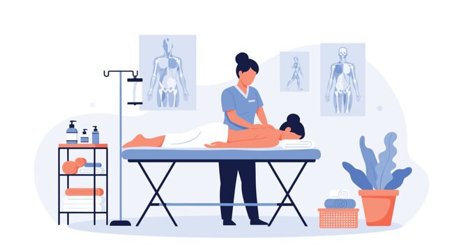 Professional massage therapist providing a relaxing back treatment to a client in a wellness clinic equipped with anatomical medical charts.