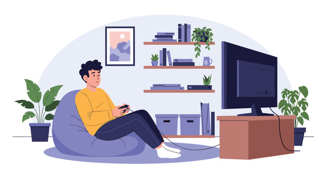 Young man relaxing at home while playing video games on a large television screen while sitting in a comfortable purple bean bag chair.