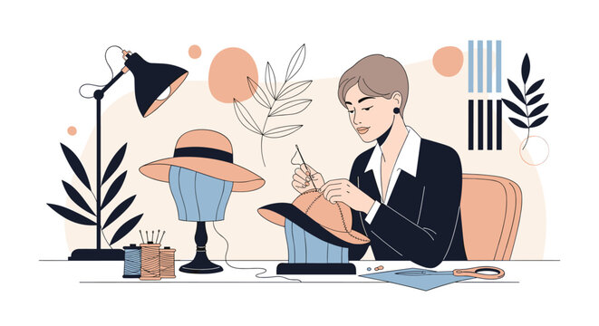 Dedicated female milliner carefully sewing and crafting elegant summer hats at her well lit creative workshop desk.