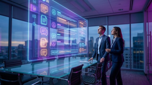 Business Team Collaborating with AI Data Interface in Modern Office