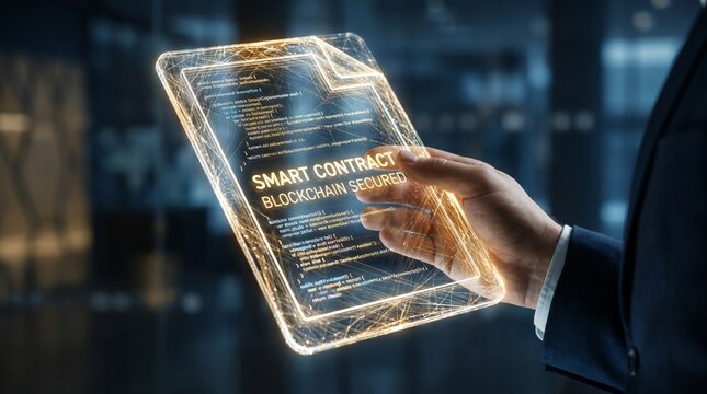 Business Person Holding Digital Smart Contract Blockchain Document