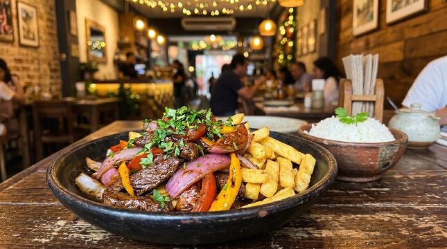 A delicious Lomo Saltado, a Peruvian dish with chunks of beef tenderloin, tomatoes, and red onion, accompanied by crispy French fries