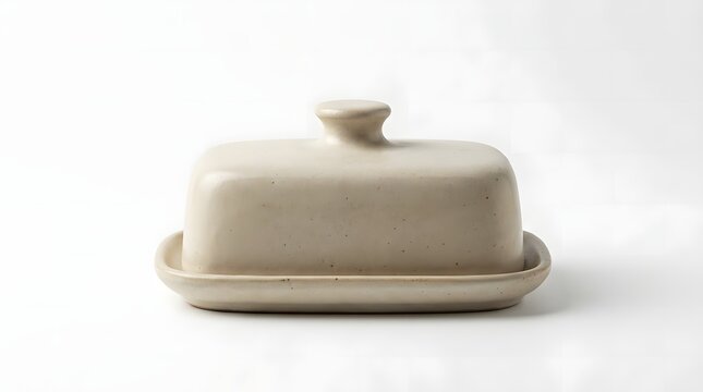A simple, light-colored ceramic butter dish with a lid and a small knob on top, set against a plain white background.