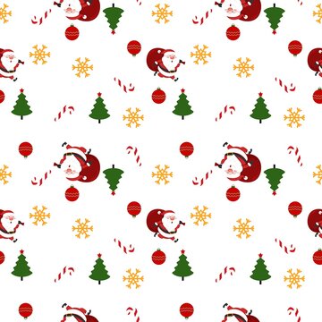 Cute Christmas doodle seamless pattern for gift wrapping paper featuring Santa Claus, Christmas trees, snowflakes, candy canes, gingerbread cookies, bells, ornaments, stars, holly leaves, and gift box