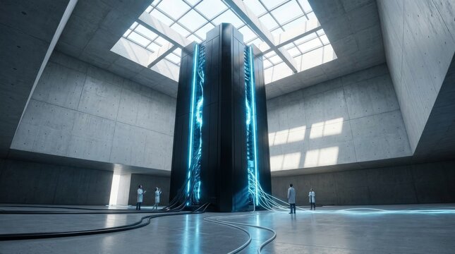 Futuristic server tower with glowing blue data streams in a minimalist concrete industrial facility