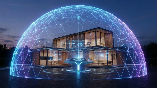 Modern house encapsulated in glowing futuristic protection dome or digital force field with security
