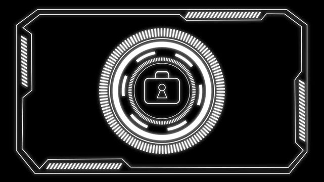 Futuristic hud interface displays animated lock symbol within rotating circular scanner on black background secure digital technology animation.