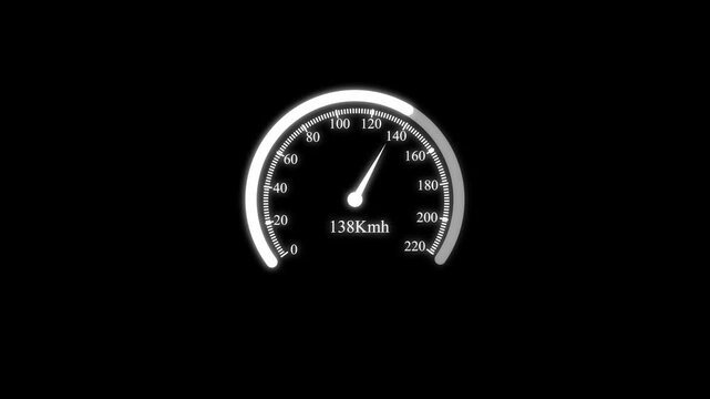 Speedometer acceleration motion graphic animation display speed from zero to maximum, dynamic car dashboard shows increasing velocity with indicator needle moving quickly, digital interface.
