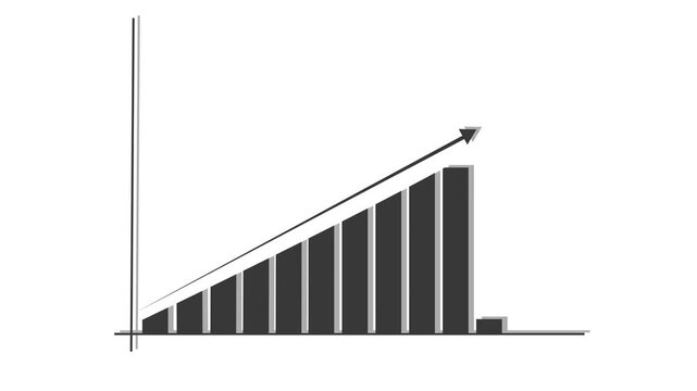 Animated rising bar graph in black and white, illustrating business progress and financial growth through dynamic data visualization and upward arrow motion against plain white background