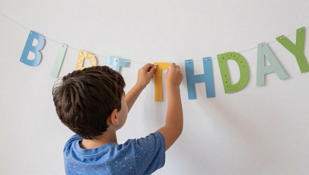 Little boy hanging up a colorful birthday banner on the wall, getting ready for a party
