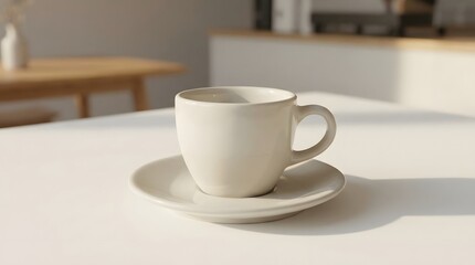 Fototapeta premium A minimalist ceramic coffee cup and saucer sit on a clean white table, bathed in soft, natural sunlight.