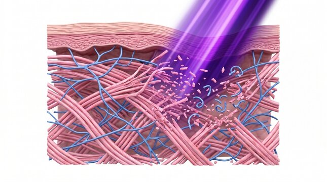 3D Microscopic Cross-Section of Ultraviolet Rays Fragmenting Collagen Matrix in Skin Dermis