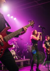 Obraz premium Close-up of a Bass Guitarist Performing Live on Stage with a Band Under Vibrant Purple Concert Lighting