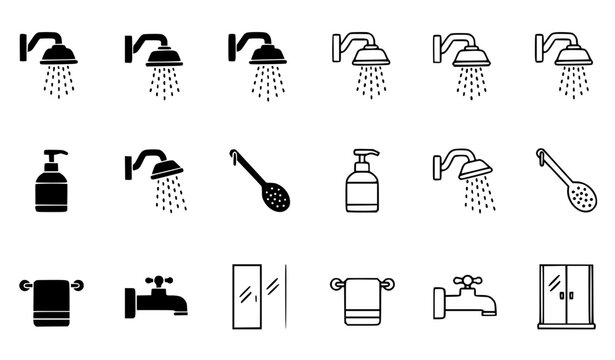 Bathroom shower head icon collection black filled and outline vectors