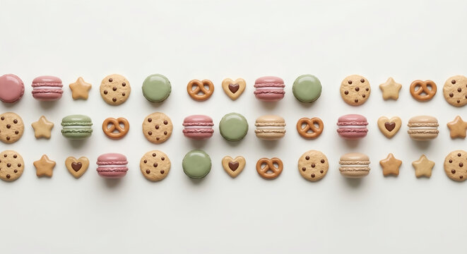 3D clay colorful dessert pattern background with macarons and cookies, horizontal border sweet food template with copy space.