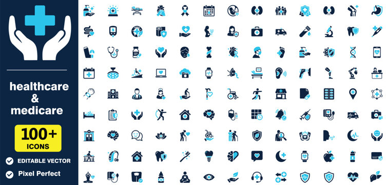 Healthcare and medicare icons set vector illustration of medical and wellness symbols