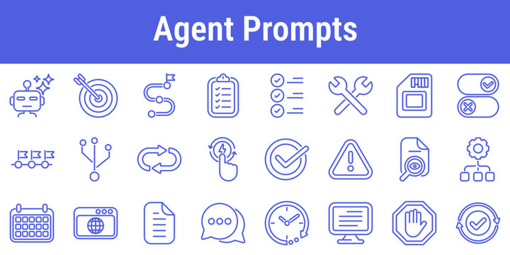 Agent prompt line icons with goals tasks tools triggers branching approvals warnings calendars browser chat and validation symbols for AI workflow design