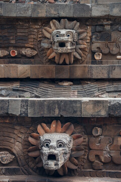 Feathered Serpent stone head in the Temple of Quetzalcoatl in Teotihuacan, Mexico