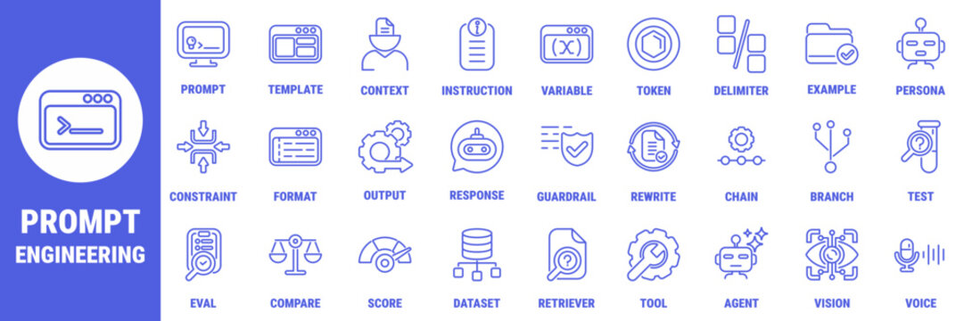 Prompt engineering icons with prompt template context instruction variable token guardrail output agent vision and voice symbols for AI workflow design