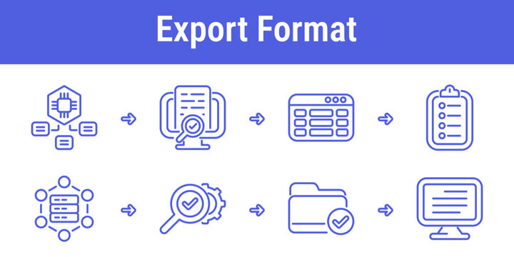 Export format workflow icons with schema model report review table layout checklist network validation approved folder and final screen for AI structured output design